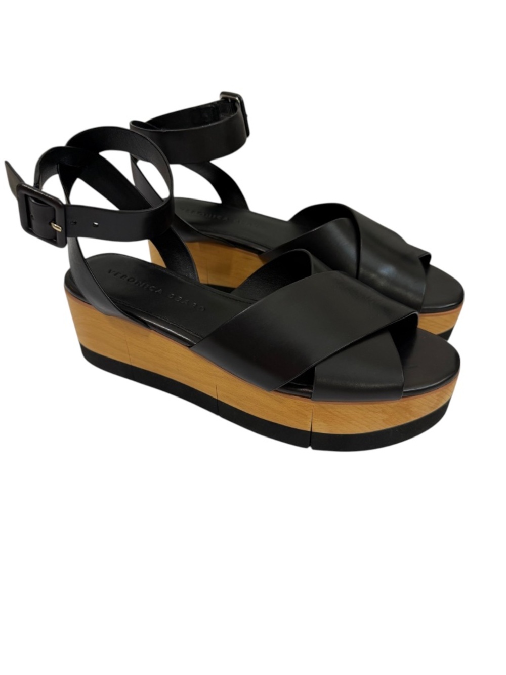 Veronica Beard Jayne Black Leather Platform Ankle Strap Sandals Size 7.5